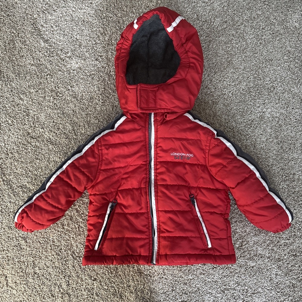 London Fog Toddler 2T Warm Winter Zip Up Hooded Jacket Red Gray White